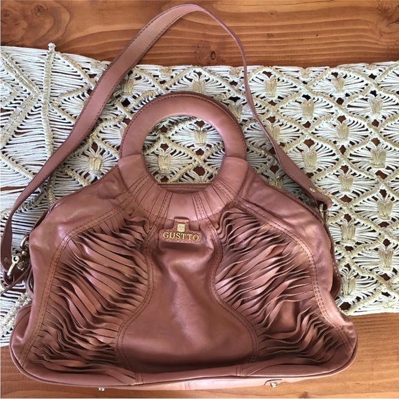 GUSTTO Donna Torso Pink Fringed Leather Boho-Fabulous Crossbody Satchel RARE EUC - Picture 11 of 13